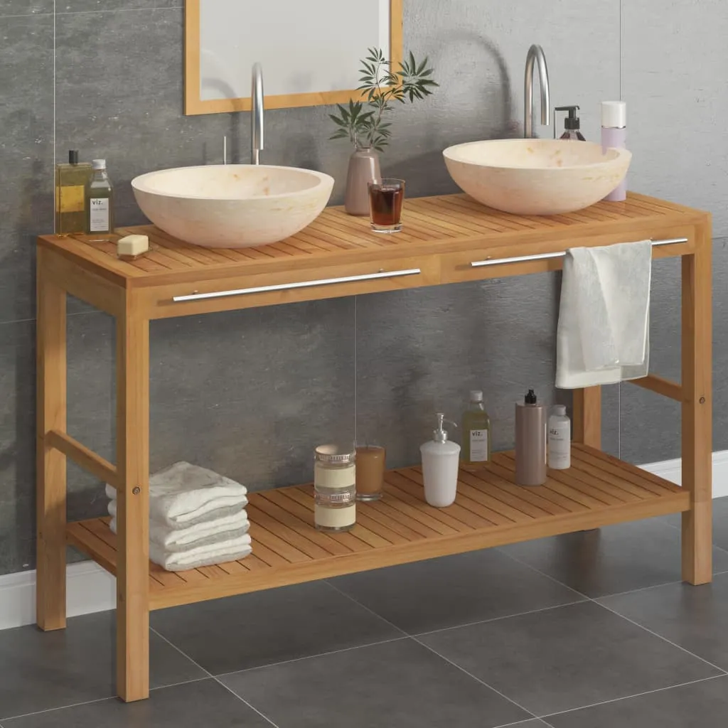 vidaXL Armadietto da Bagno in Legno di Teak con Lavabi in Marmo Crema