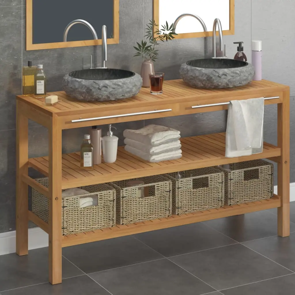 Armadietto da Bagno in Legno di Teak con Lavabi in Marmo Nero