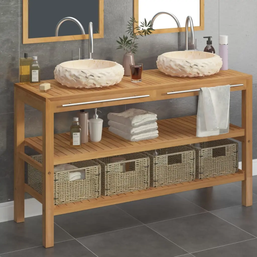 Armadietto da Bagno in Legno di Teak con Lavabi in Marmo Crema