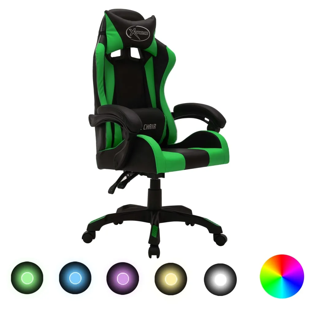 vidaXL Sedia da Gaming con Luci a LED RGB Verde e Nera in Similpelle