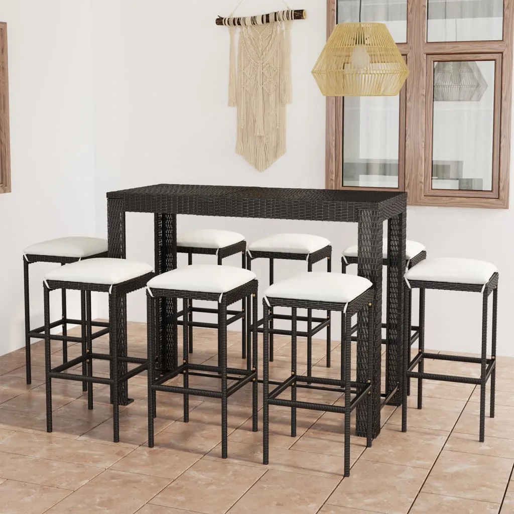 vidaXL Set da Bar da Giardino 9 pz con Cuscini in Polyrattan Nero