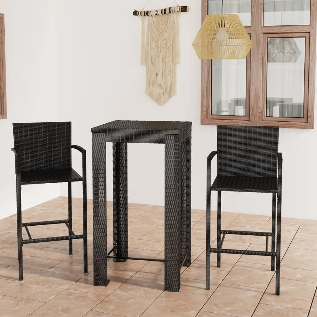 vidaXL Set Bar da Giardino 3 pz con Braccioli in Polyrattan Nero