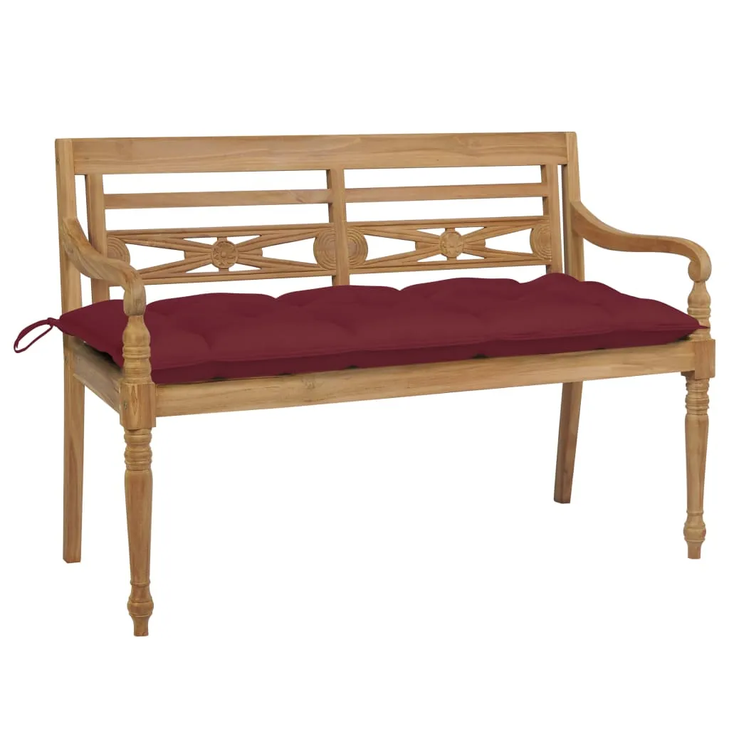 vidaXL Panca Batavia con Cuscino Rosso Vino 120 cm in Massello di Teak