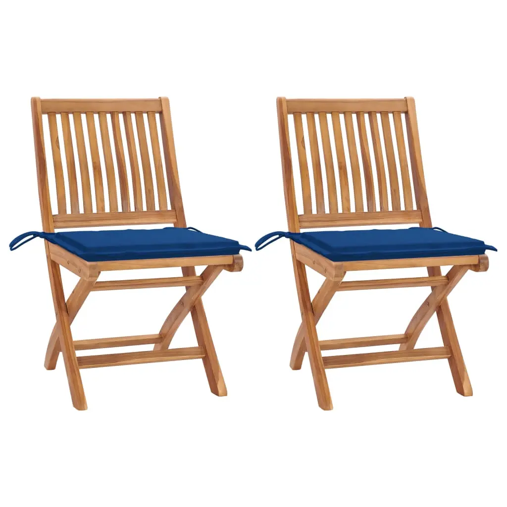 Sedie da Giardino 2 pz con Cuscini Blu Reale Massello di Teak