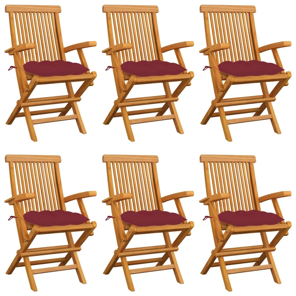 Sedie Giardino con Cuscini Rosso Vino 6 pz Legno Massello Teak