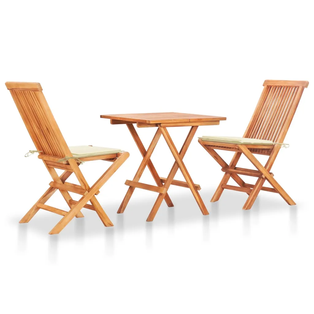 vidaXL Set da Bistrot 3 pz con Cuscini Crema in Legno Massello di Teak