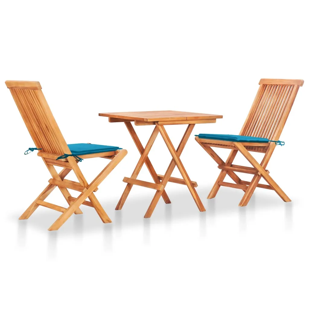 vidaXL Set da Bistrot 3 pz con Cuscini Blu in Legno Massello di Teak