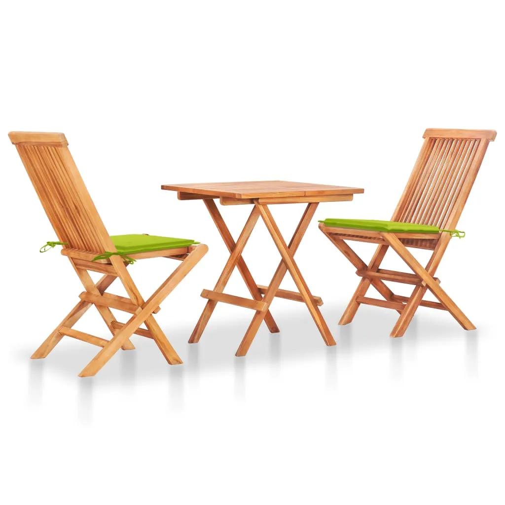 vidaXL Set da Bistrot 3 pz con Cuscini Verde Brillante Legno di Teak