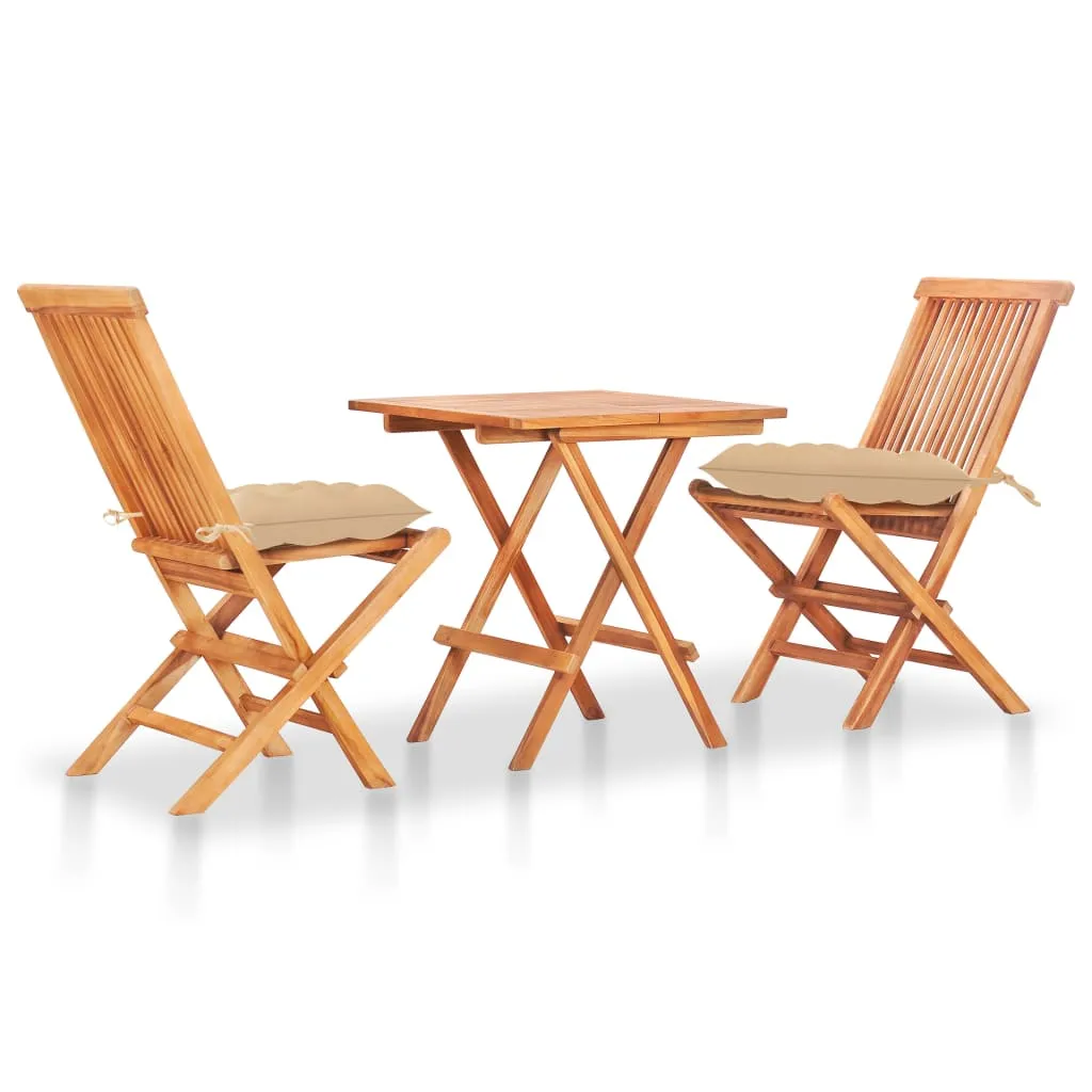 vidaXL Set da Bistrot 3 pz con Cuscini Beige in Legno Massello di Teak