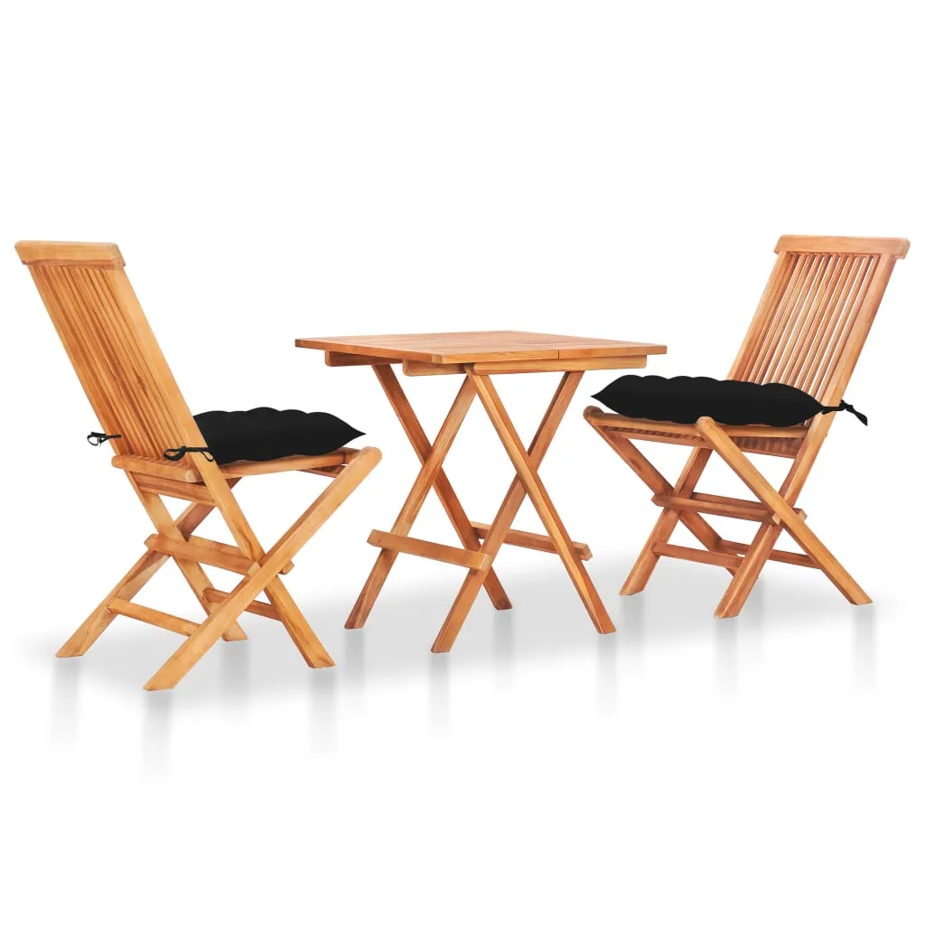 vidaXL Set da Bistrot 3 pz con Cuscini Neri in Legno Massello di Teak