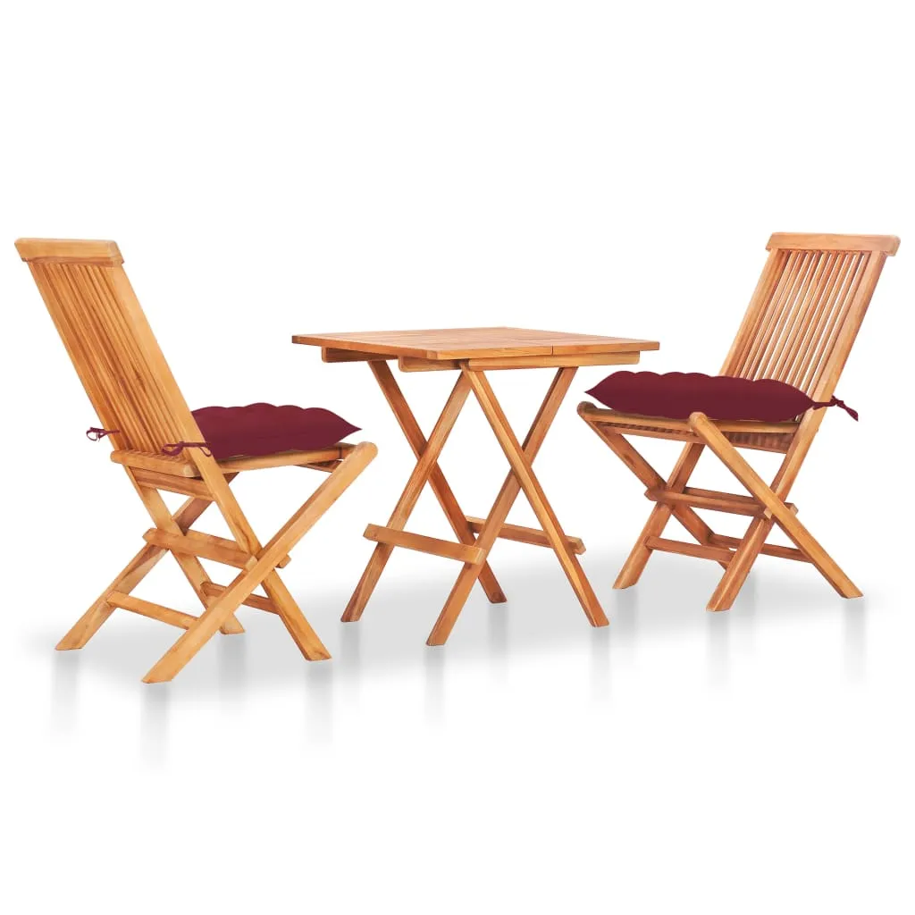 vidaXL Set da Bistrot 3 pz con Cuscini Rosso Vino in Massello di Teak