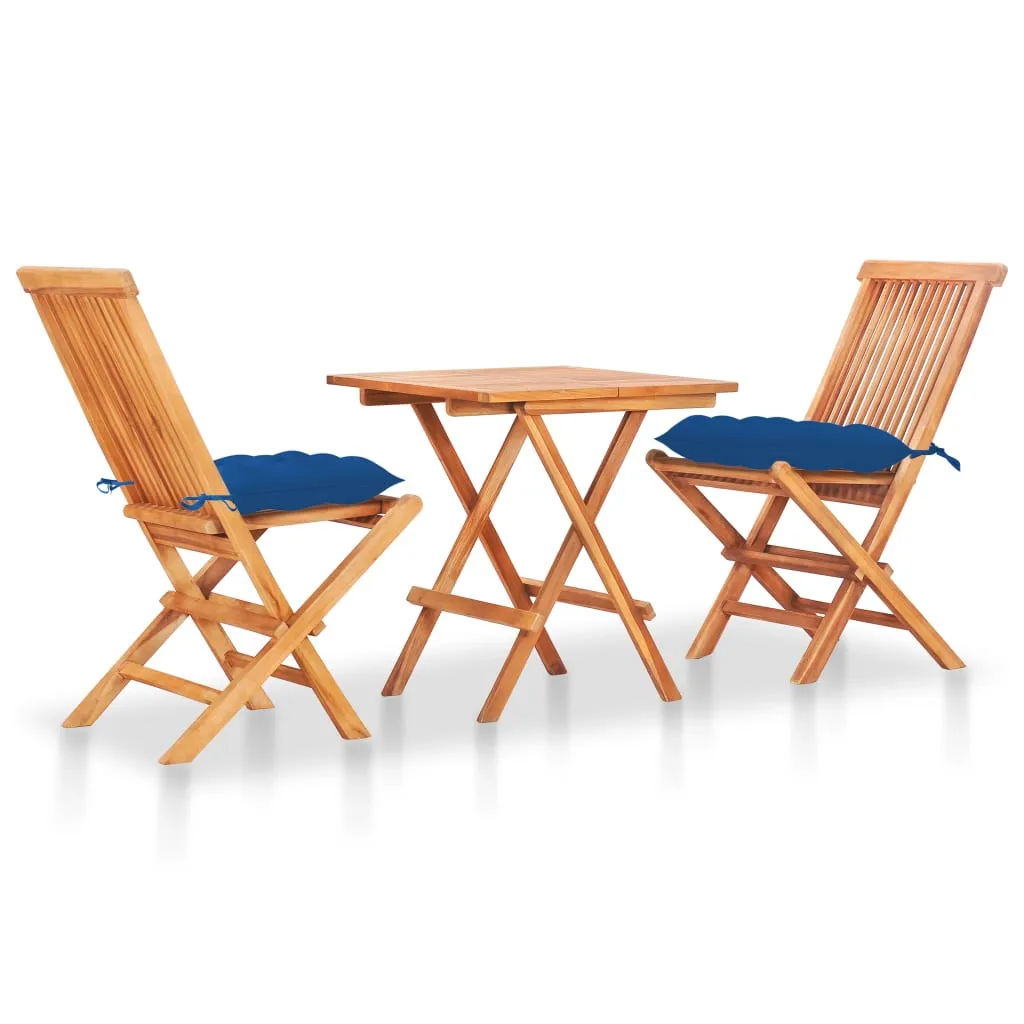 vidaXL Set da Bistrot 3 pz con Cuscini Blu in Legno Massello di Teak