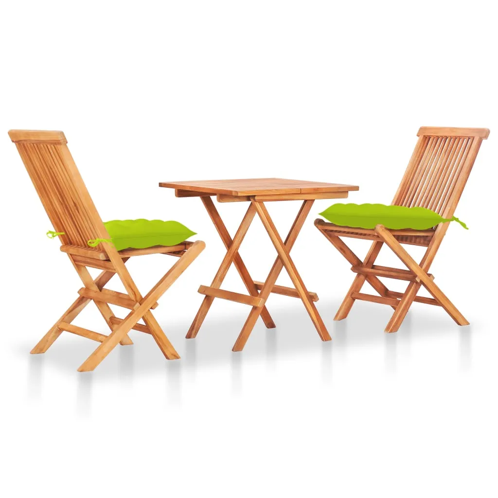 vidaXL Set da Bistrot 3 pz con Cuscini Verde Brillante Legno di Teak