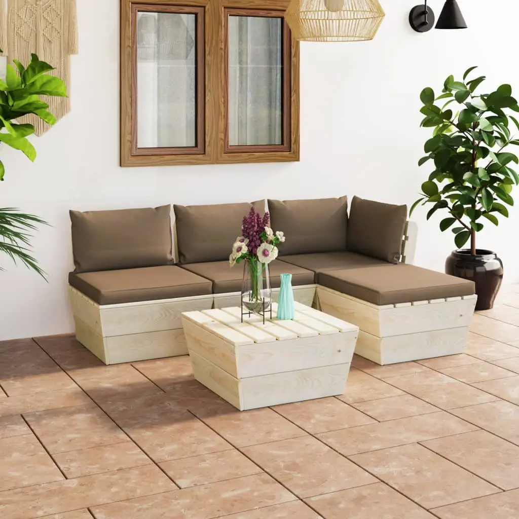 Set Divani da Giardino su Pallet 5 pz con Cuscini Legno Abete