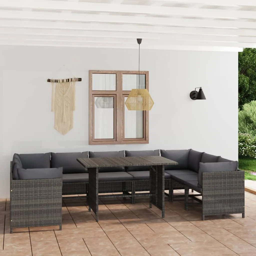 vidaXL Set Divani da Giardino 10 pz con Cuscini in Polyrattan Grigio