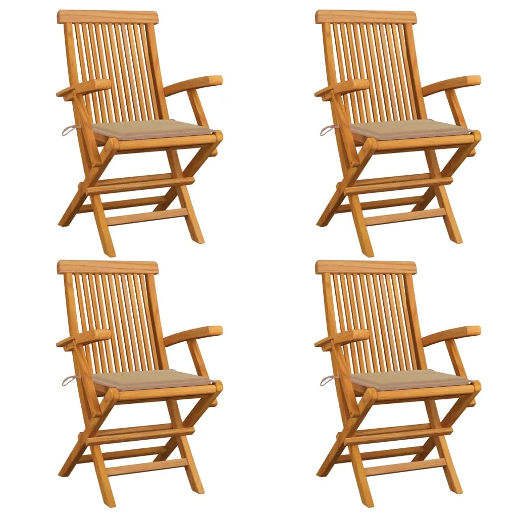 vidaXL Sedie da Giardino con Cuscini Beige 4 pz Massello di Teak