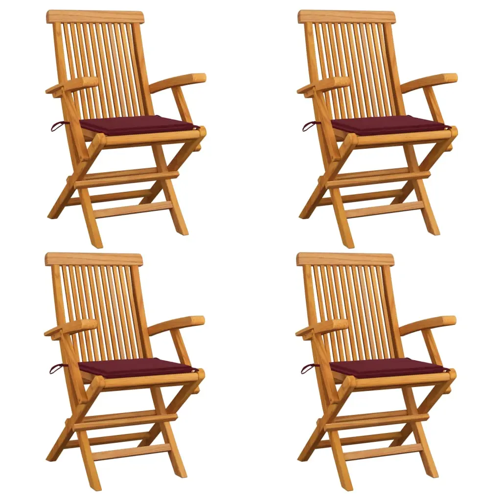 Sedie Giardino con Cuscini Rosso Vino 4 pz Legno Massello Teak