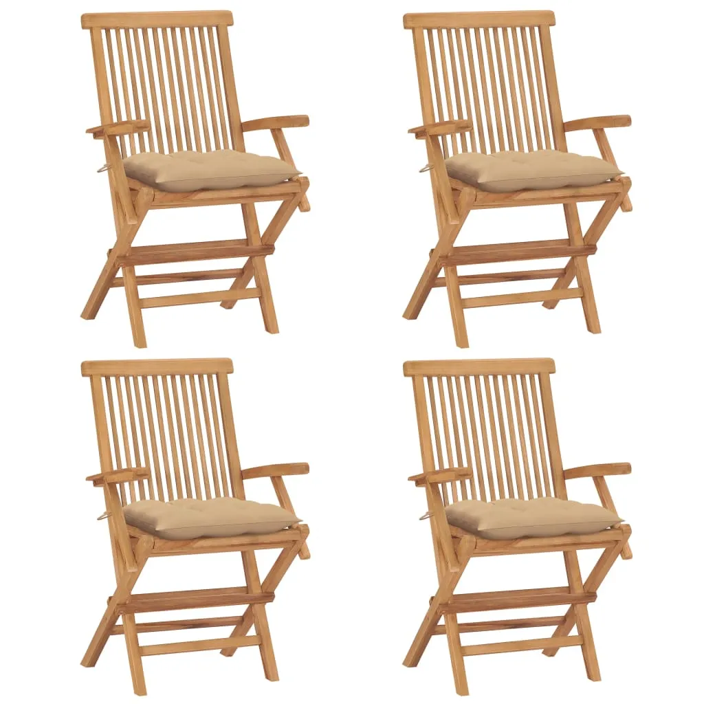 vidaXL Sedie da Giardino con Cuscini Beige 4 pz Massello di Teak