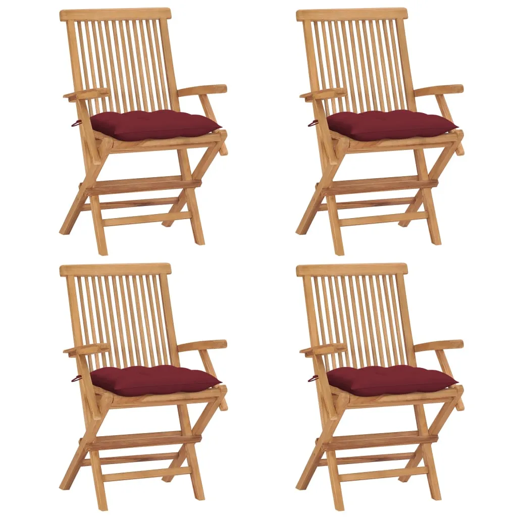 vidaXL Sedie da Giardino con Cuscini Rosso Vino 4 pz Massello di Teak