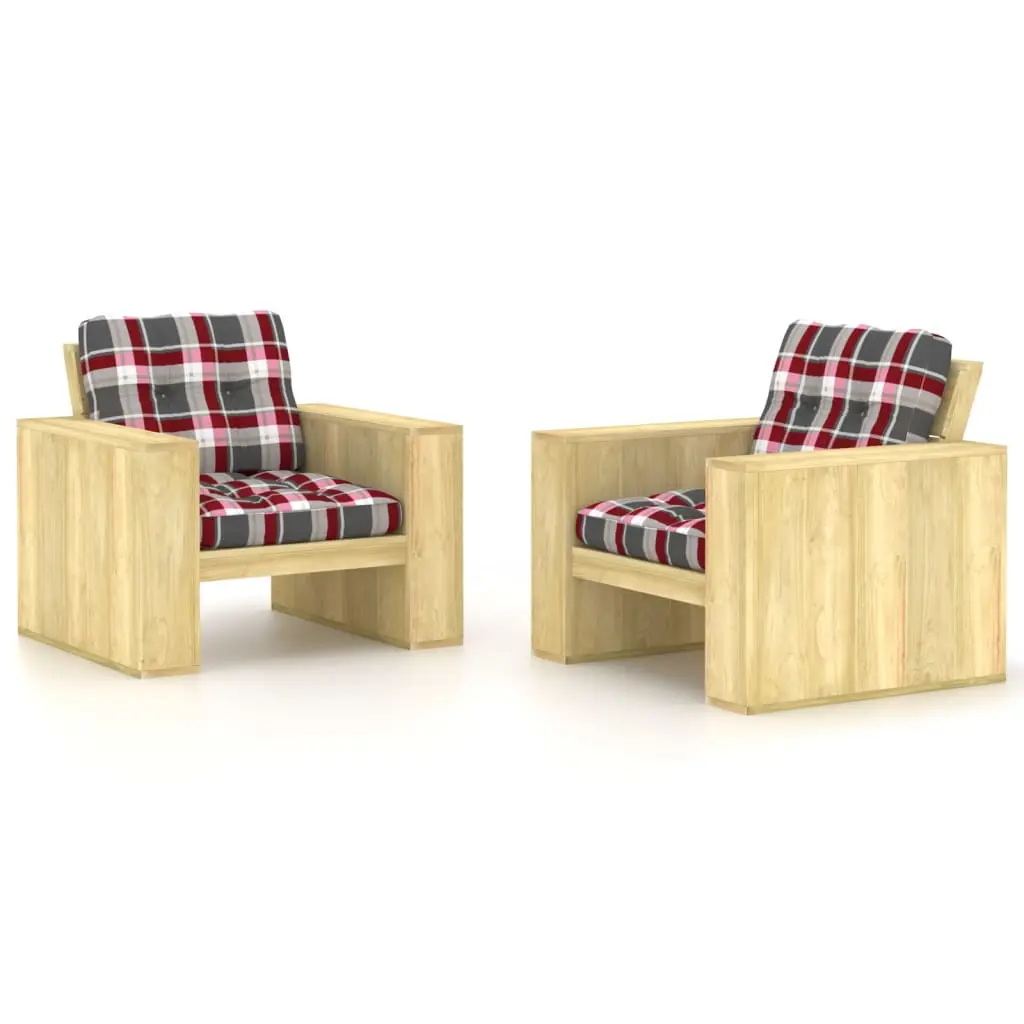 Sedie Giardino 2 pz Cuscini Tartan Rosso Legno Pino Impregnato