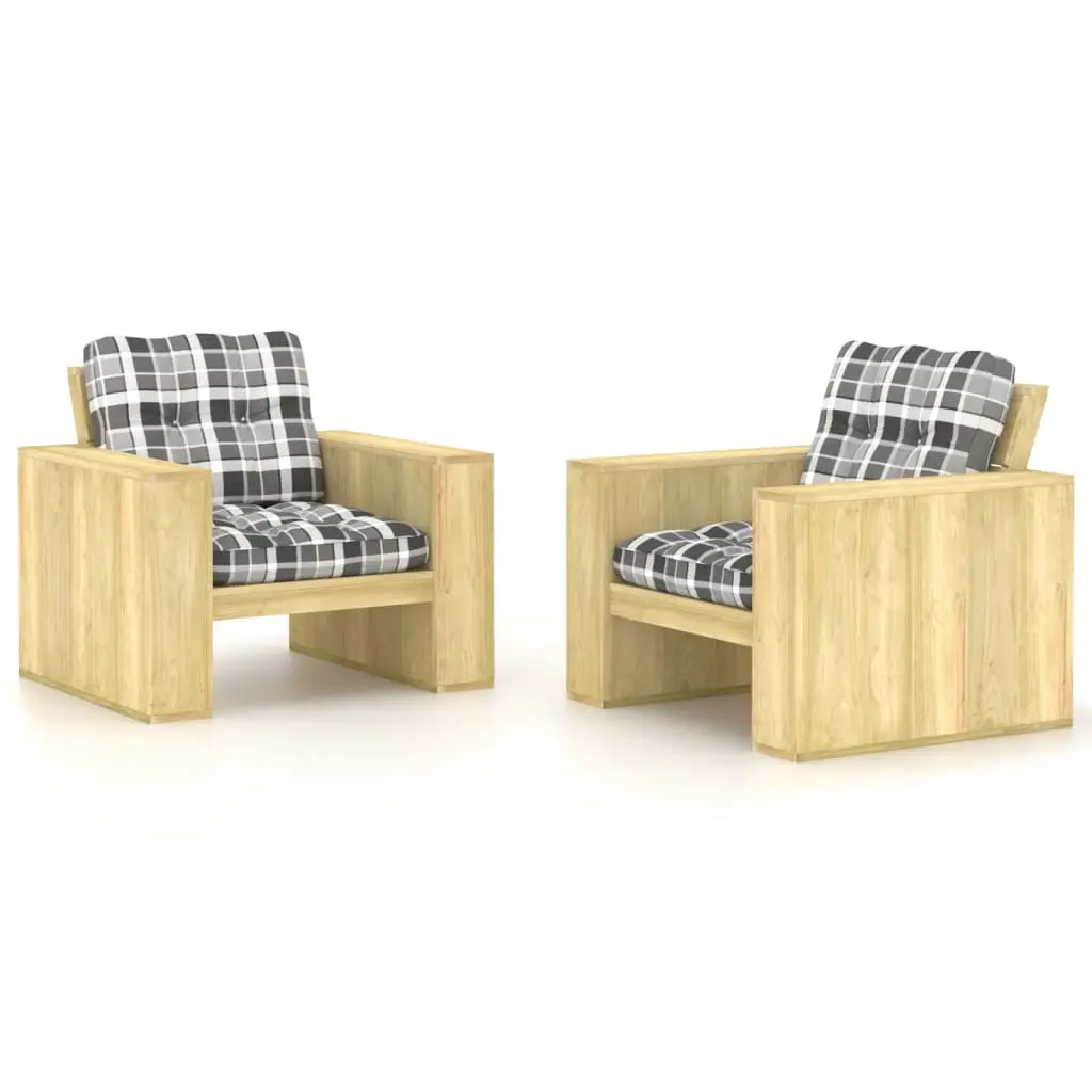 Sedie Giardino 2pz Cuscini Tartan Grigio Legno Pino Impregnato