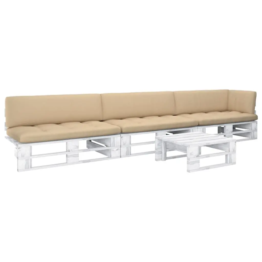 Set Divani in Pallet con Cuscini 4 pz in Pino Impregnato Bianco