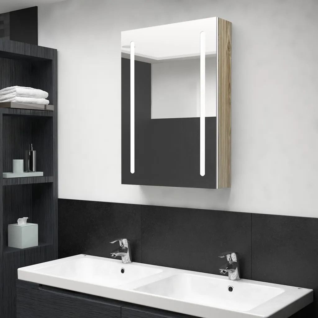 vidaXL Armadietto Bagno con Specchio e LED Bianco e Rovere 50x13x70 cm