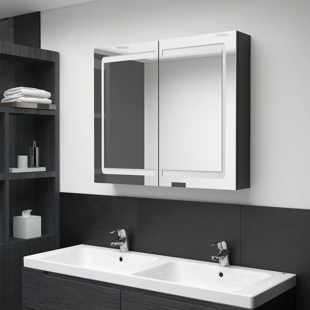 vidaXL Armadietto Bagno con Specchio e LED Nero Lucido 80x12x68 cm