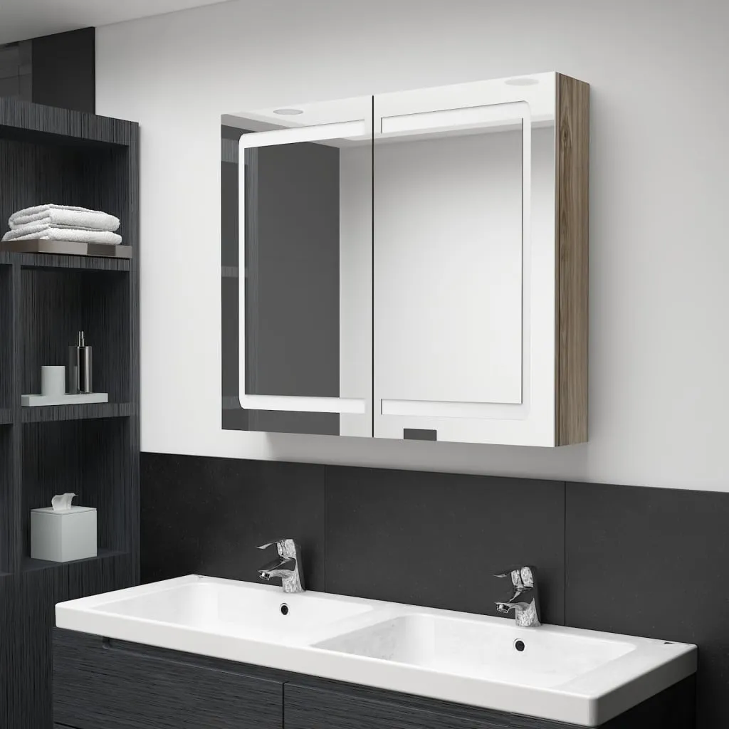 vidaXL Armadietto Bagno con Specchio e LED Rovere 80x12x68 cm