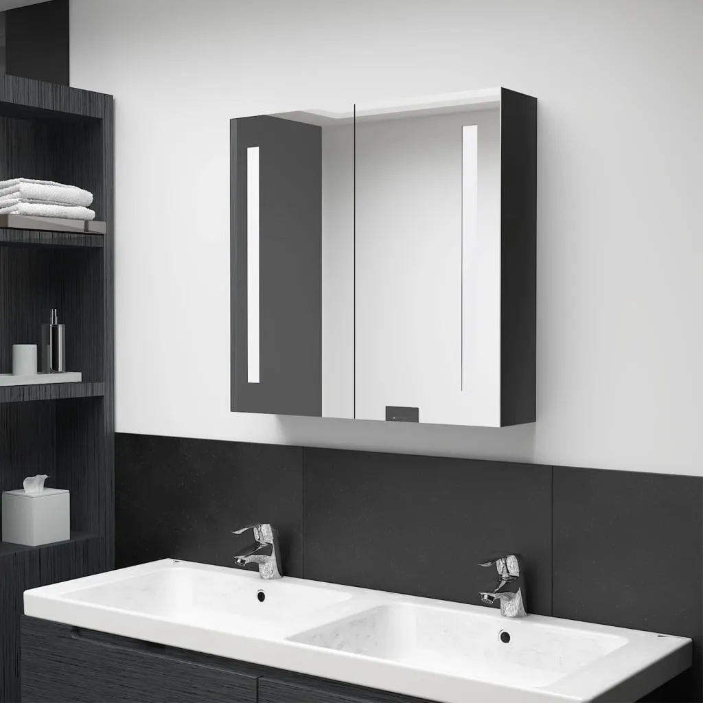 vidaXL Armadietto Bagno con Specchio e LED Nero Lucido 62x14x60 cm