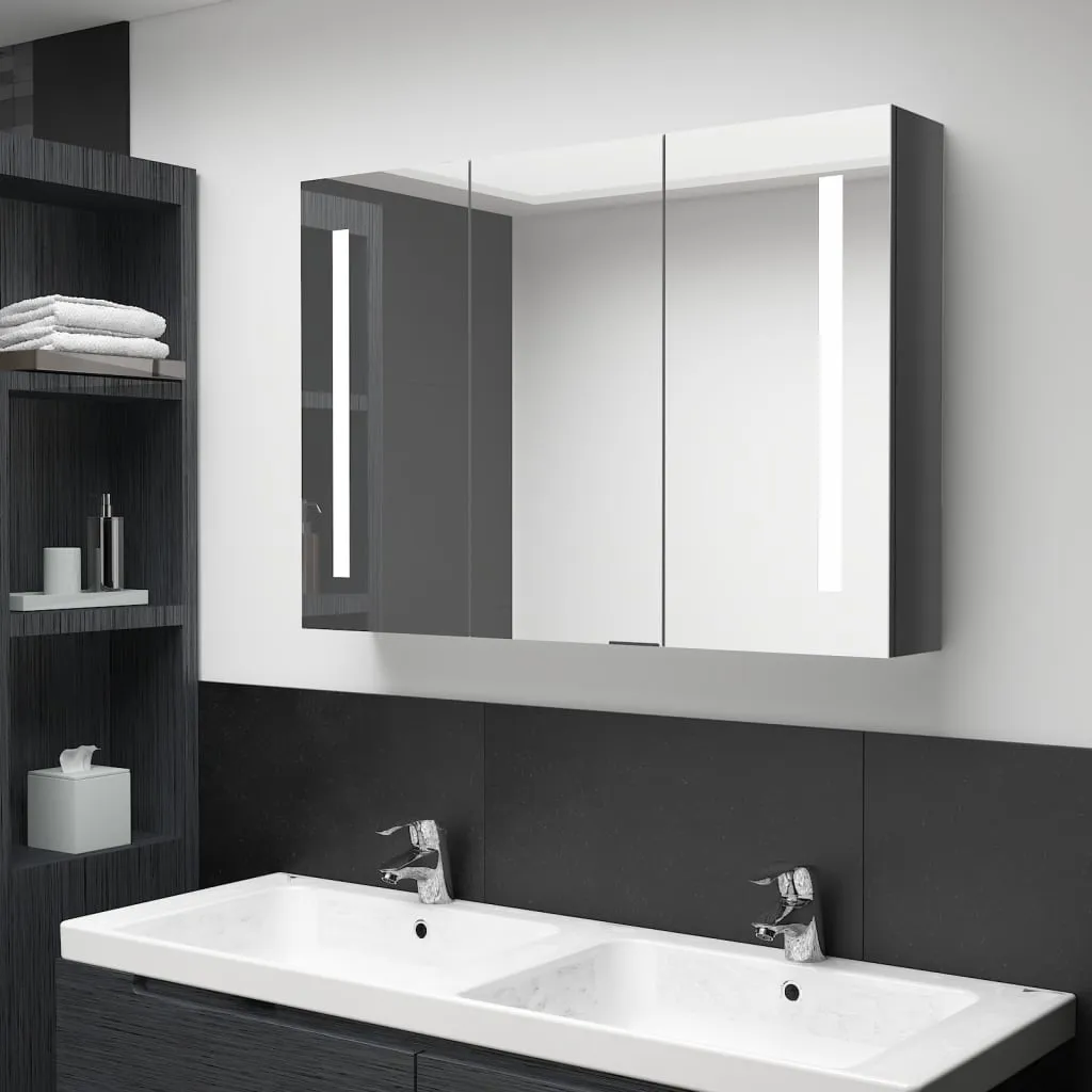 vidaXL Armadietto Bagno con Specchio e LED 89x14x62 cm Grigio Lucido