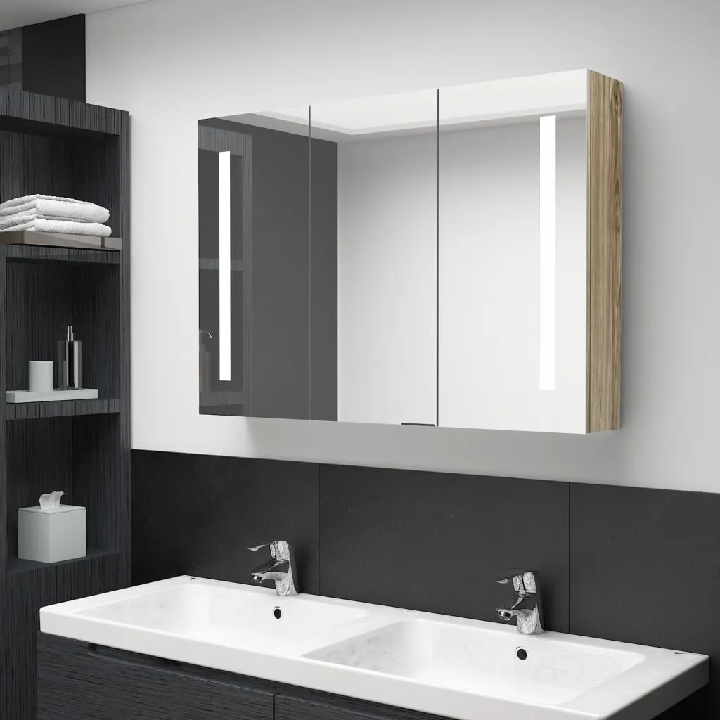 vidaXL Armadietto Bagno con Specchio e LED 89x14x62 cm Rovere