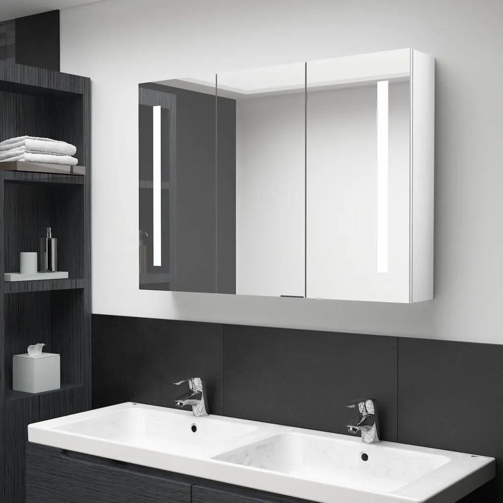 vidaXL Armadietto Bagno con Specchio e LED Bianco Lucido 89x14x62 cm