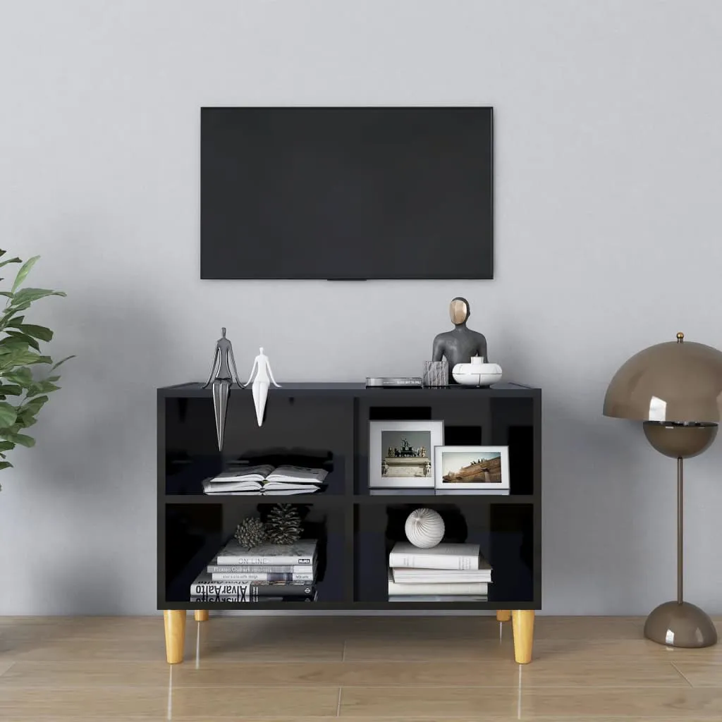 vidaXL Mobile TV con Gambe Legno Massello Nero Lucido 69,5x30x50 cm