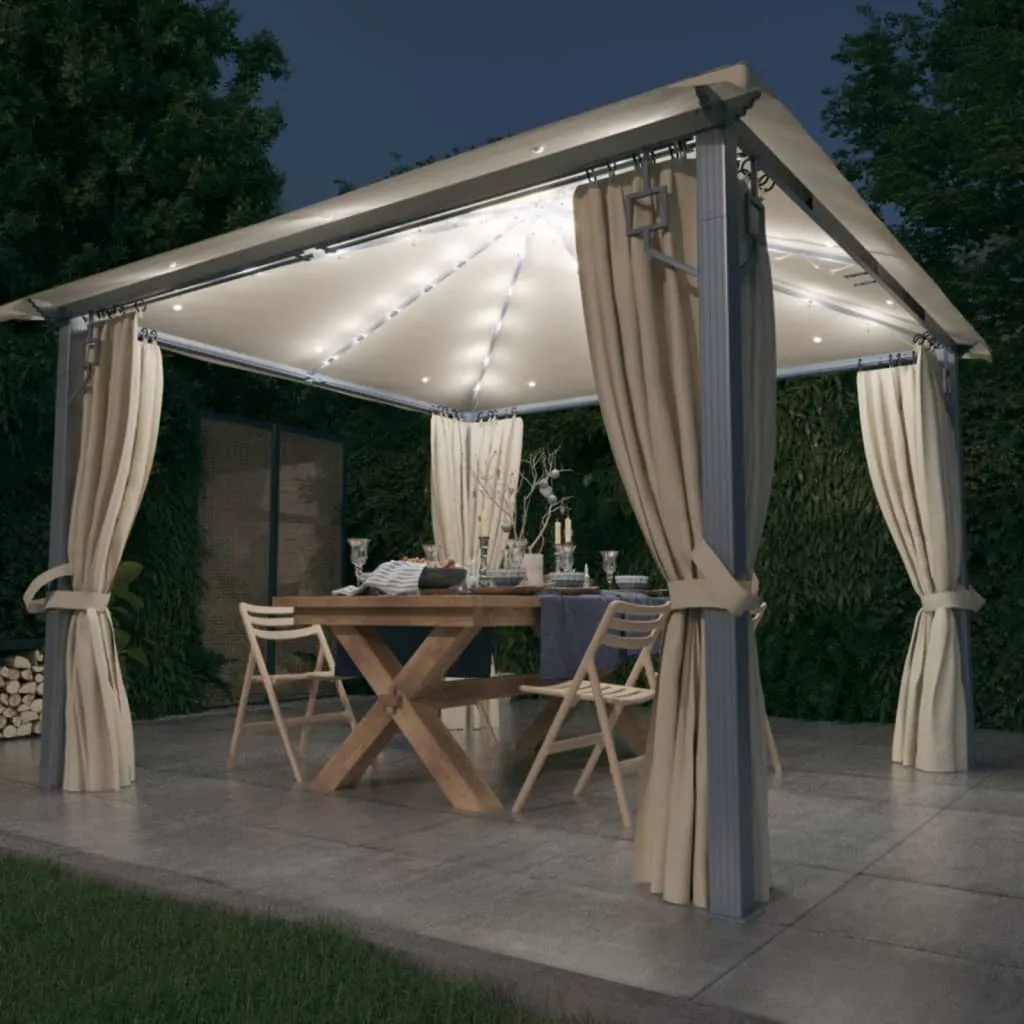 vidaXL Gazebo con Tende Stringa di Luci LED 300x300 cm Crema Alluminio