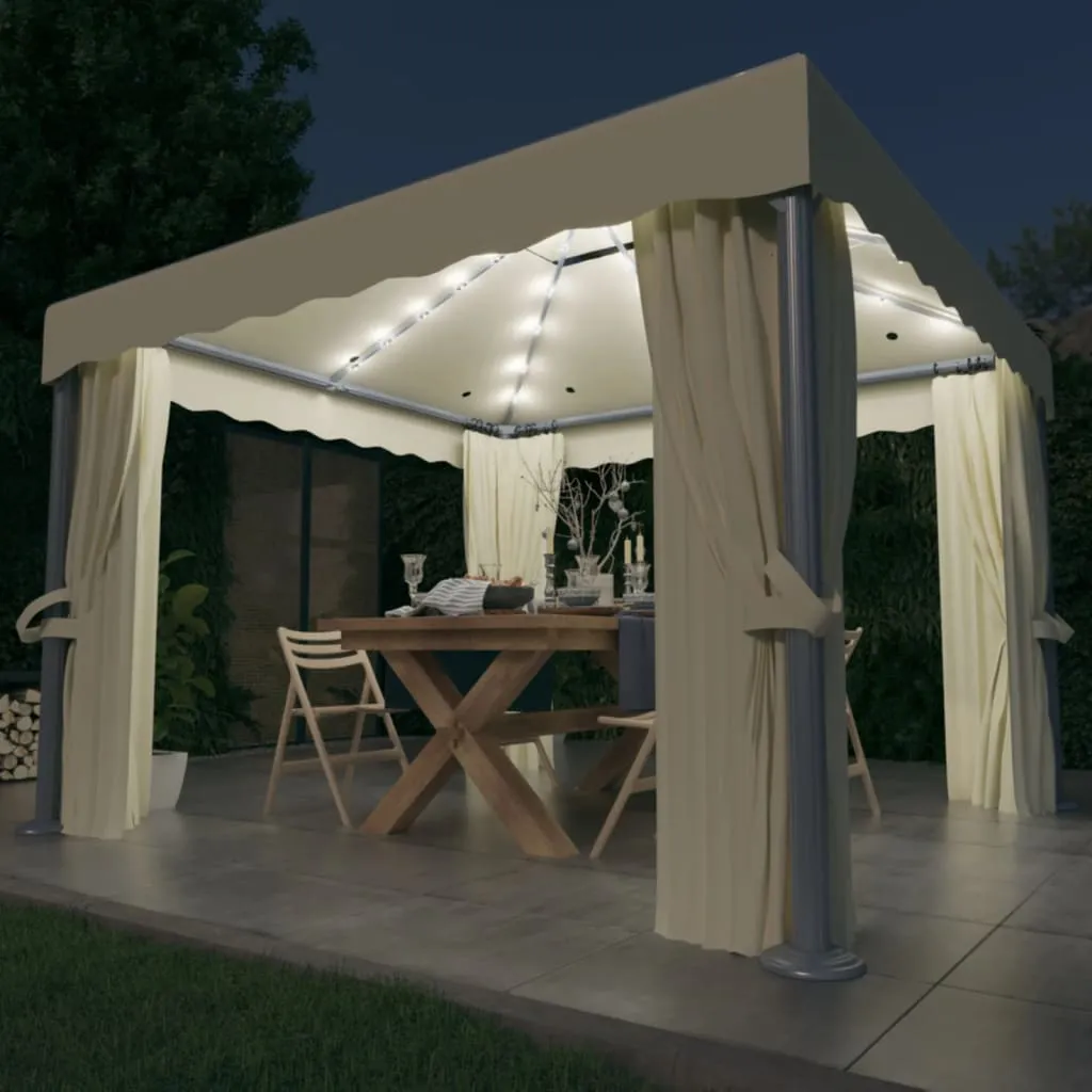 vidaXL Gazebo con Tende e Stringa di Luci LED 3x3 m Bianco Crema