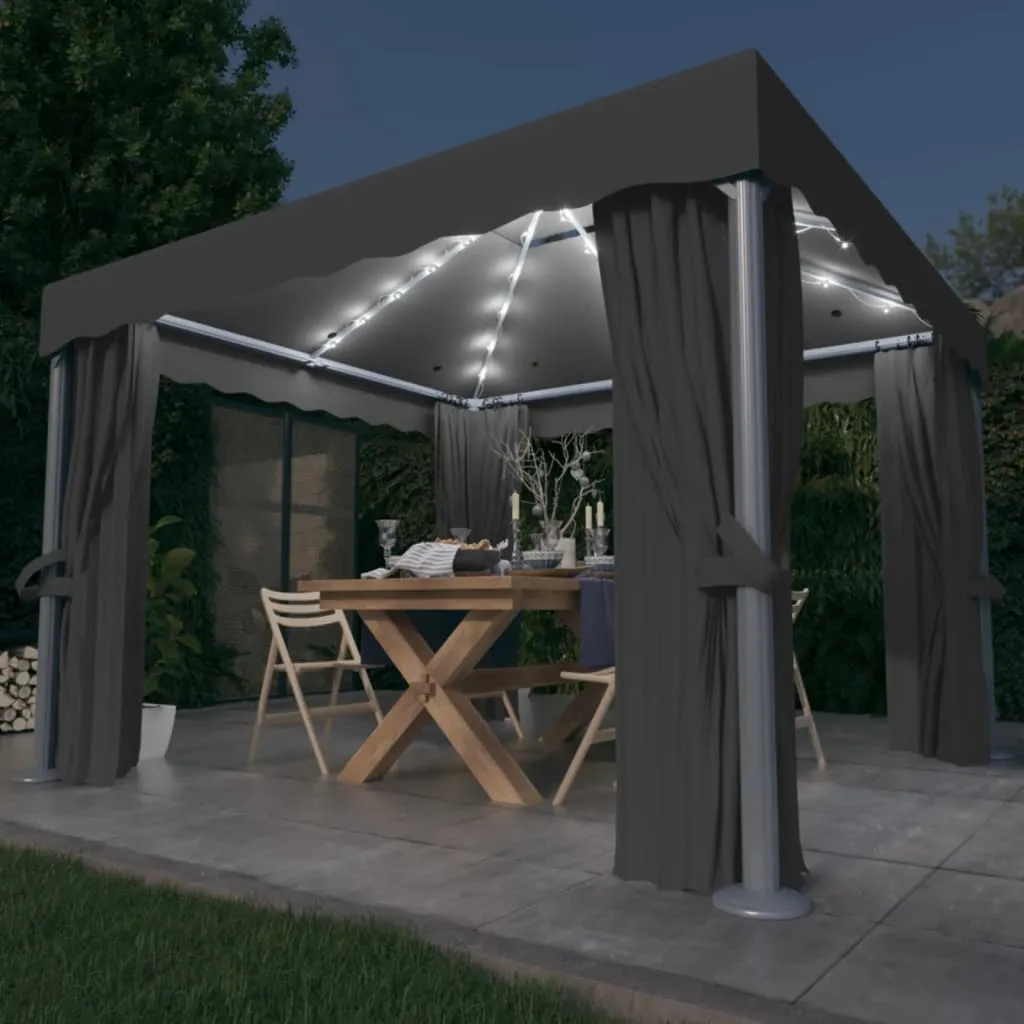 vidaXL Gazebo con Tende e Stringa di Luci LED 3x3 m Antracite