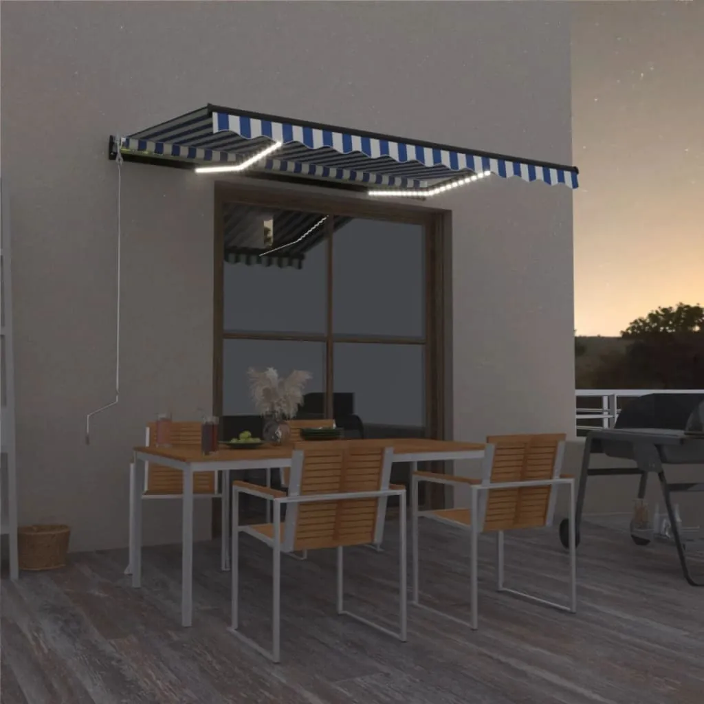 vidaXL Tenda da Sole Retrattile Manuale con LED 400x300cm Blu e Bianco