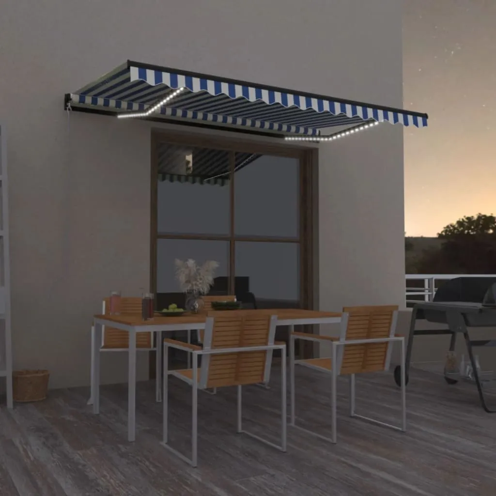 vidaXL Tenda da Sole Retrattile Manuale con LED 400x350 cm Blu Bianco