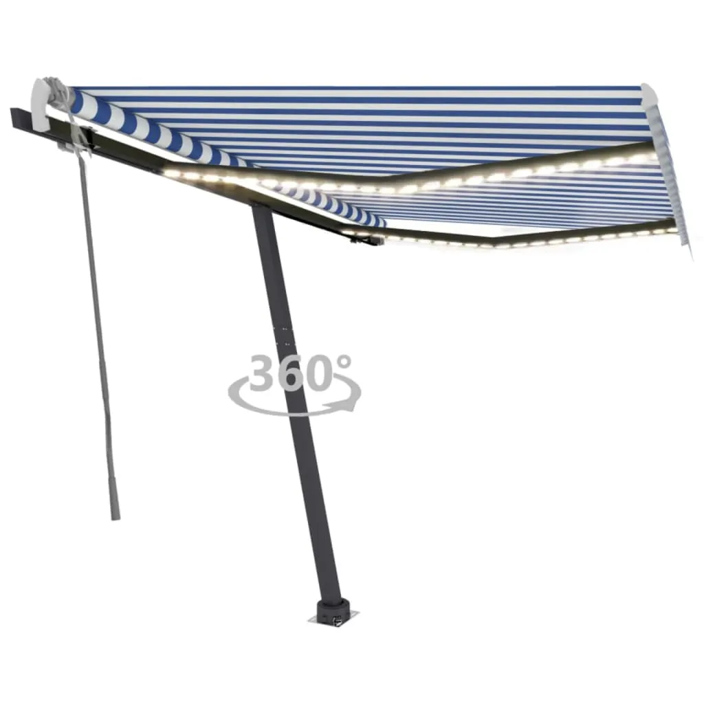 vidaXL Tenda da Sole Retrattile Manuale con LED 350x250cm Blu e Bianco