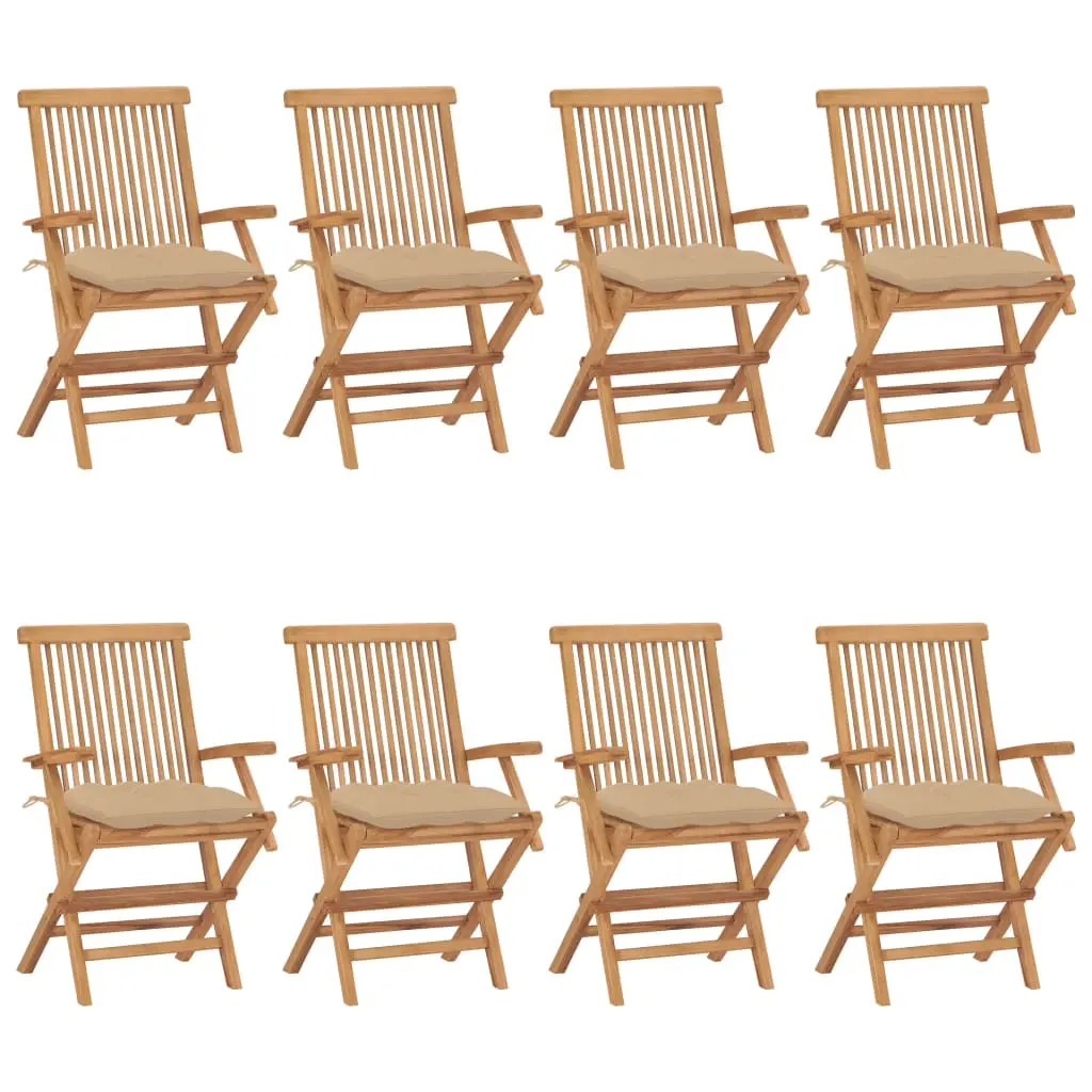 Sedie da Giardino con Cuscini Beige 8pz Legno Massello di Teak