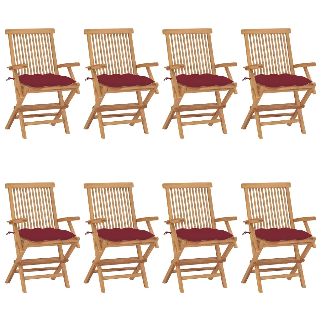 Sedie Giardino con Cuscini Rosso Vino 8 pz Legno Massello Teak