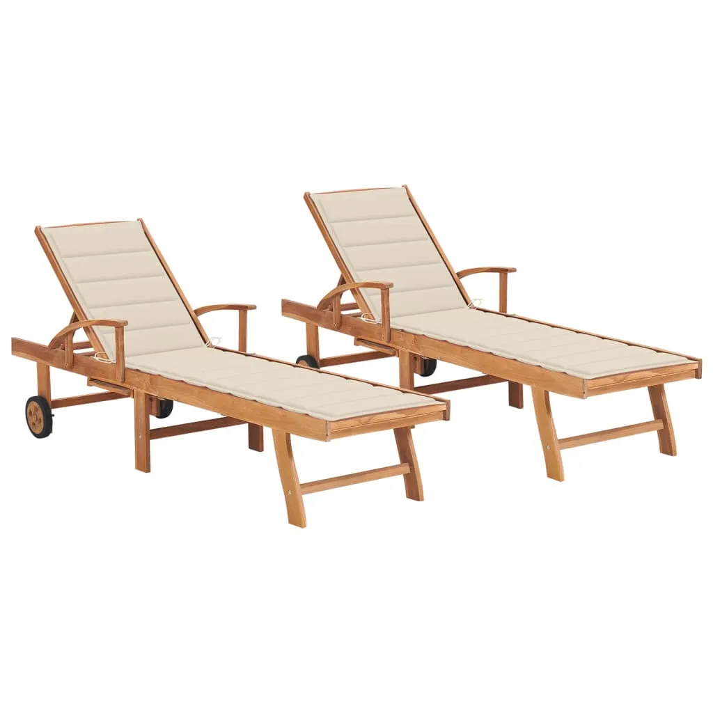 vidaXL Sdraio 2 pz con Tavolo e Cuscino Crema Legno Massello di Teak