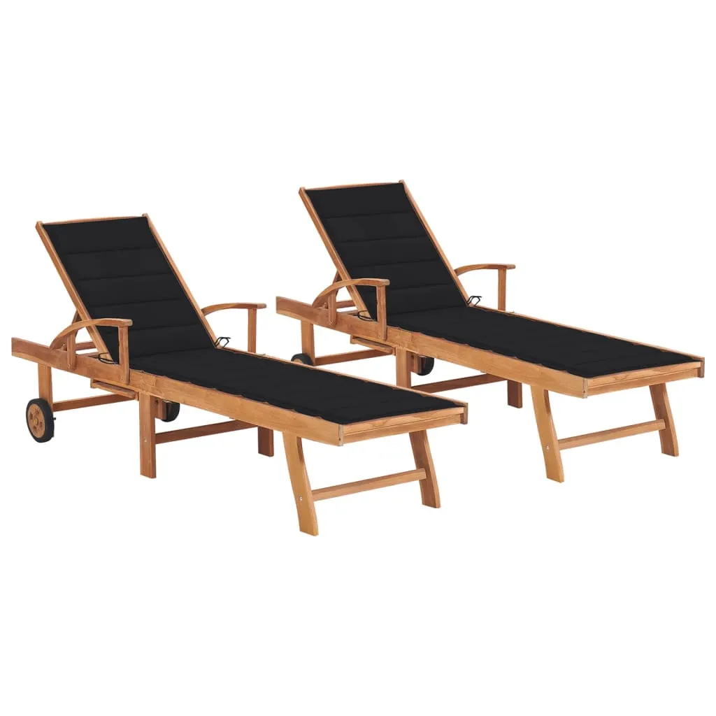 vidaXL Lettini Prendisole 2 pz con Cuscino Nero in Legno di Teak