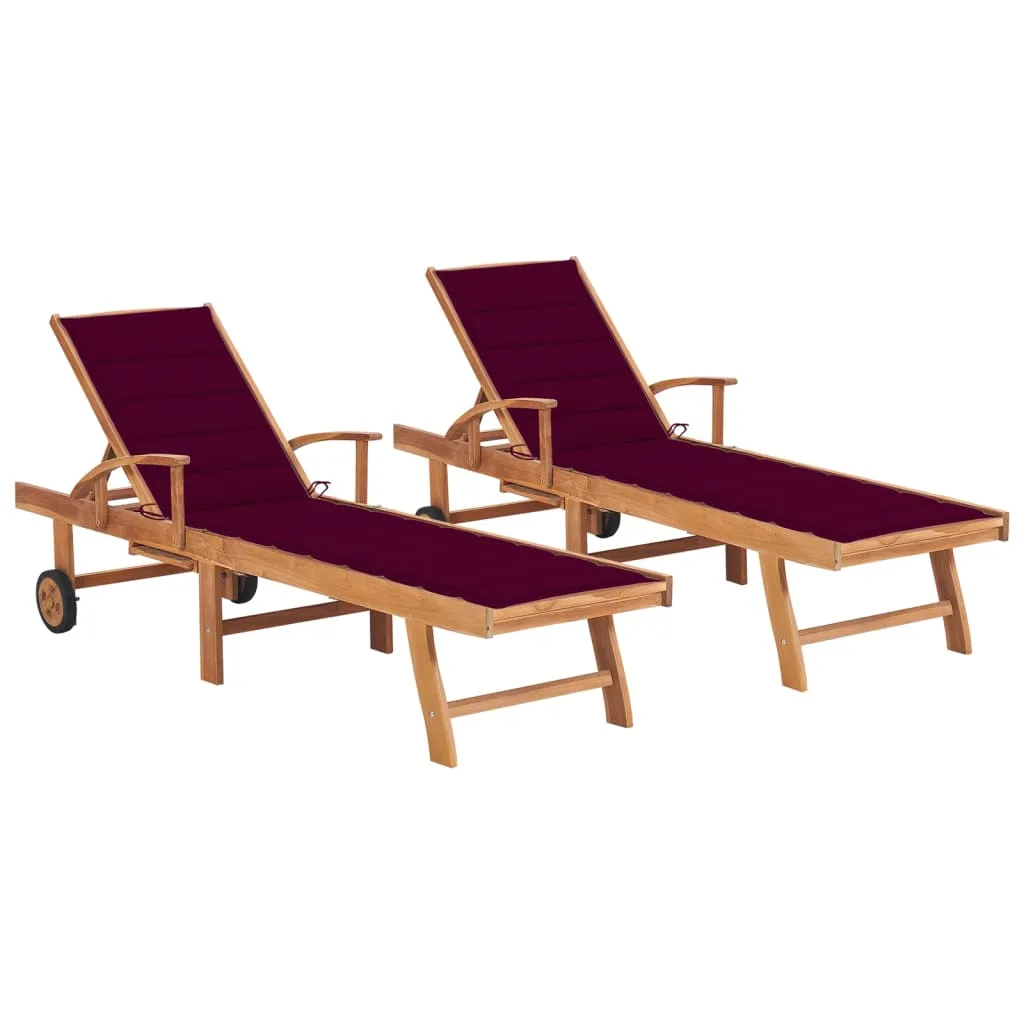 vidaXL Lettini Prendisole 2 pz con Cuscino Rosso Vino in Legno di Teak