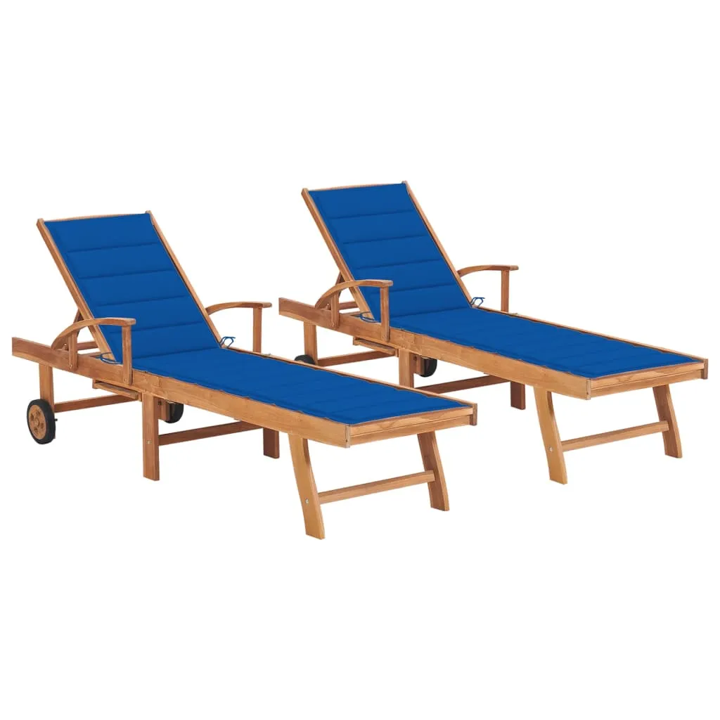 vidaXL Lettini Prendisole 2 pz con Cuscino Blu Reale in Legno di Teak