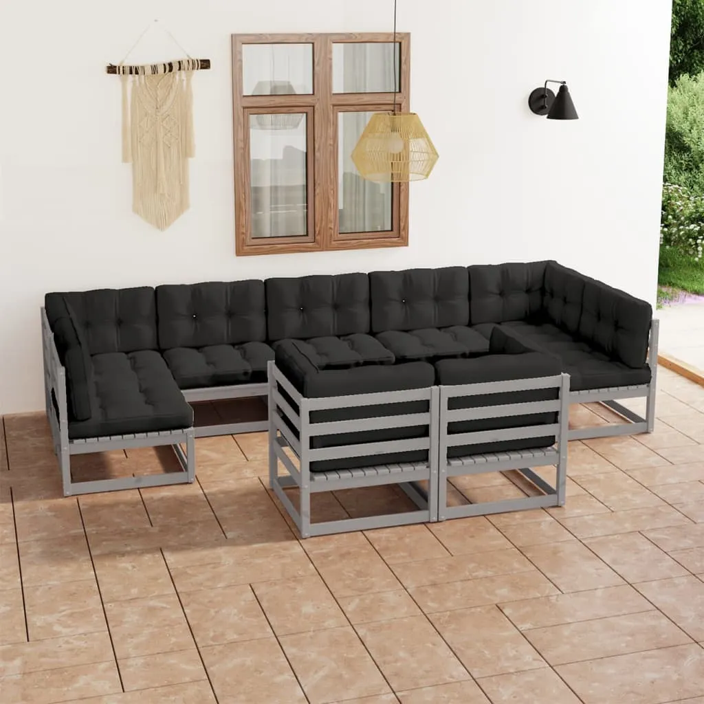 vidaXL Set Divani da Giardino 9 pz Grigio Cuscini Massello di Pino