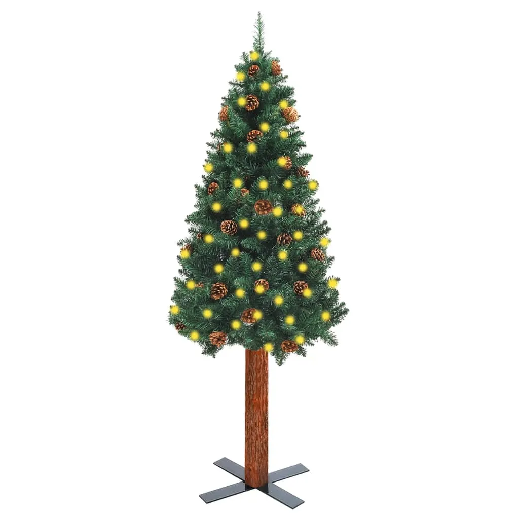 vidaXL Albero di Natale Sottile con Legno Vero e Pigne Verde 150cm PVC