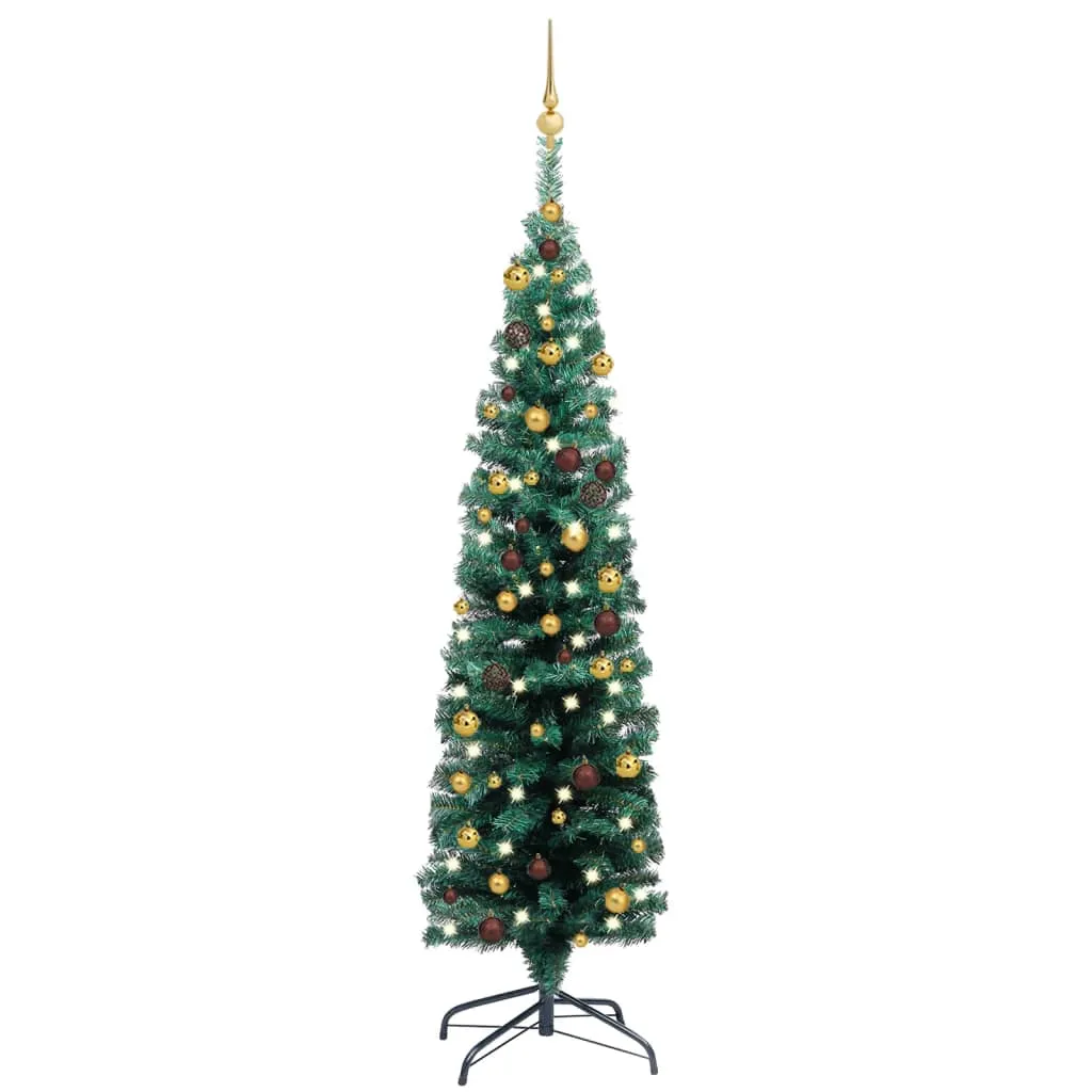 vidaXL Albero di Natale Sottile Preilluminato con Palline Verde 150 cm