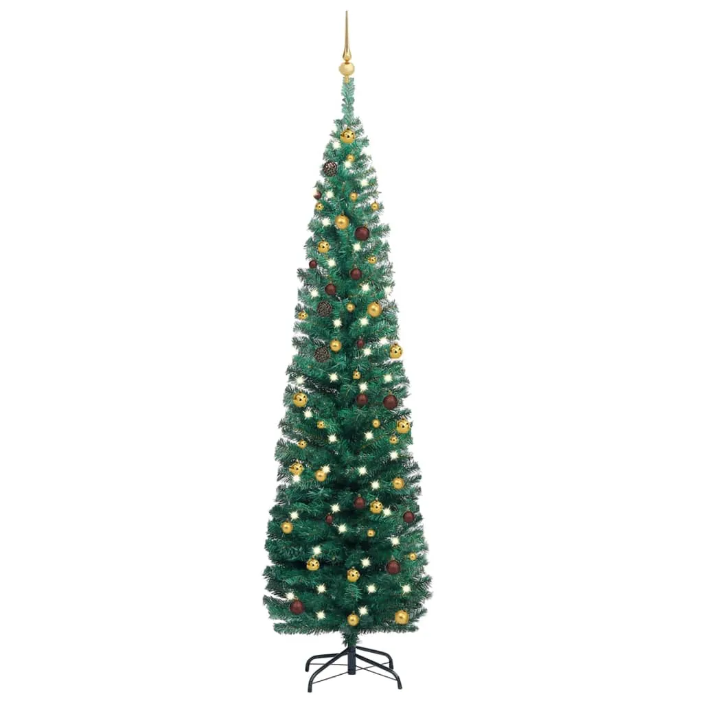 vidaXL Albero di Natale Sottile Preilluminato con Palline Verde 210 cm